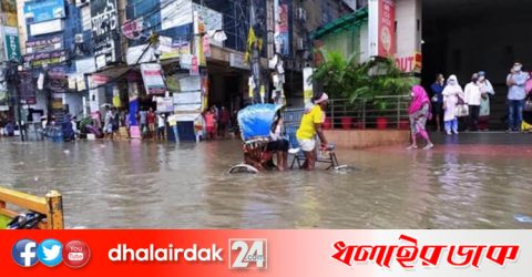 বৃষ্টিতে ডুবেছে রাজপথ, কোমর পানিতে রিকশা-ভ্যান